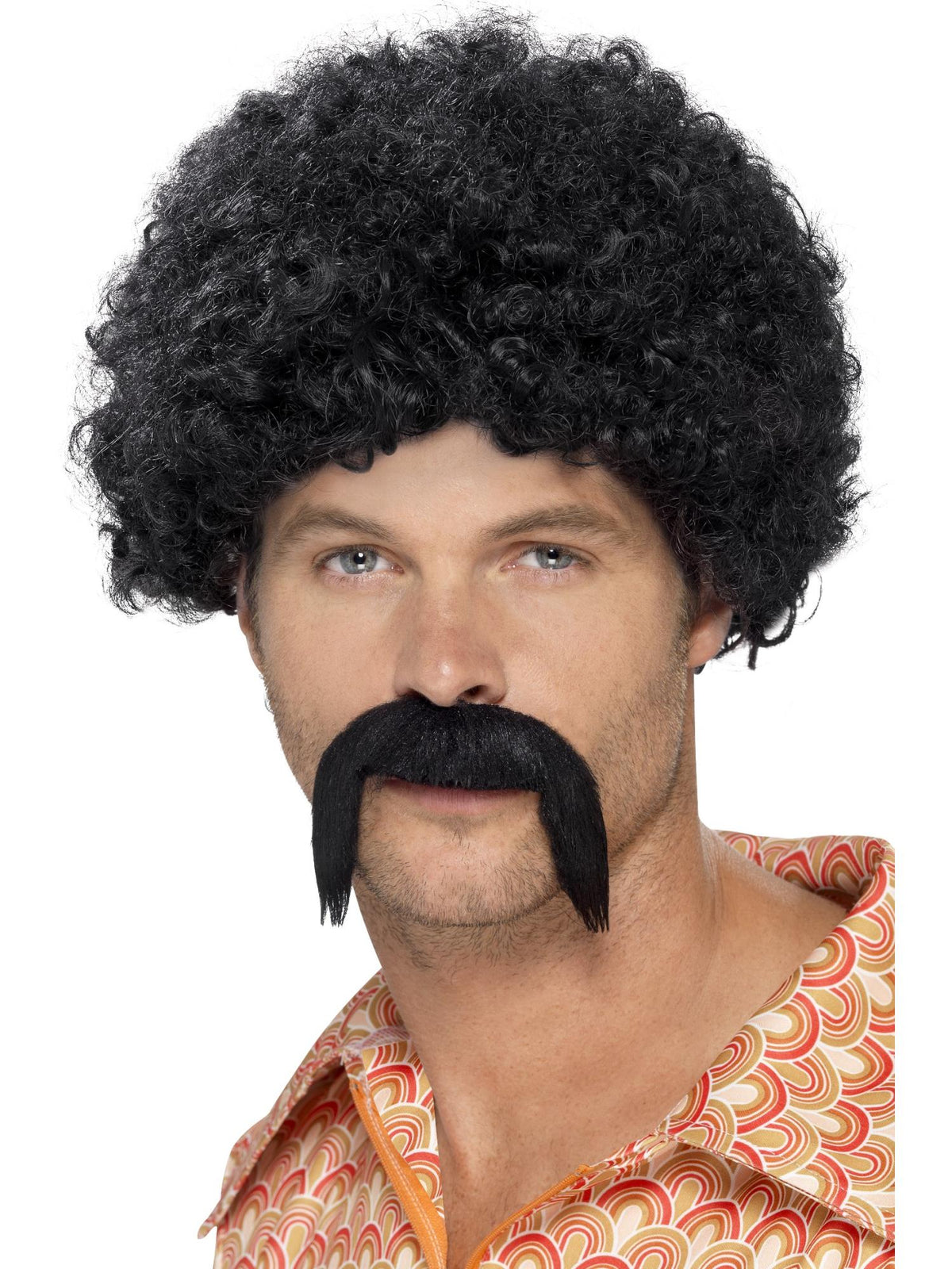Man wearing a tight dark curly afro wig and black horseshoe moustache
