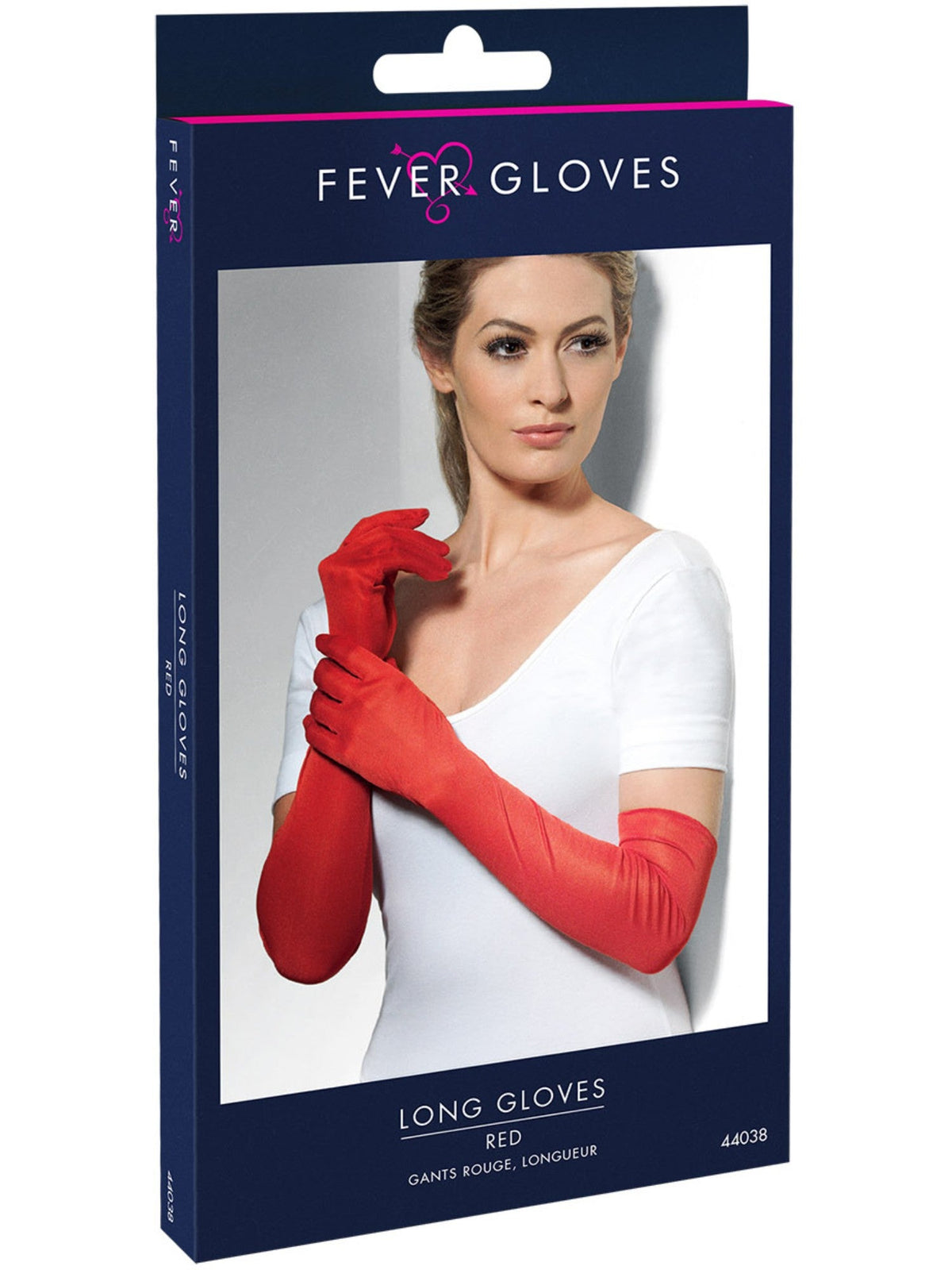 Long red gloves in their retail packaging