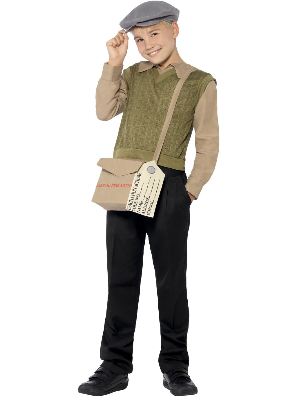 Boy wearing a WW2 evacuee kit with knitted-look jumper, flat cap, satchel and ID tag
