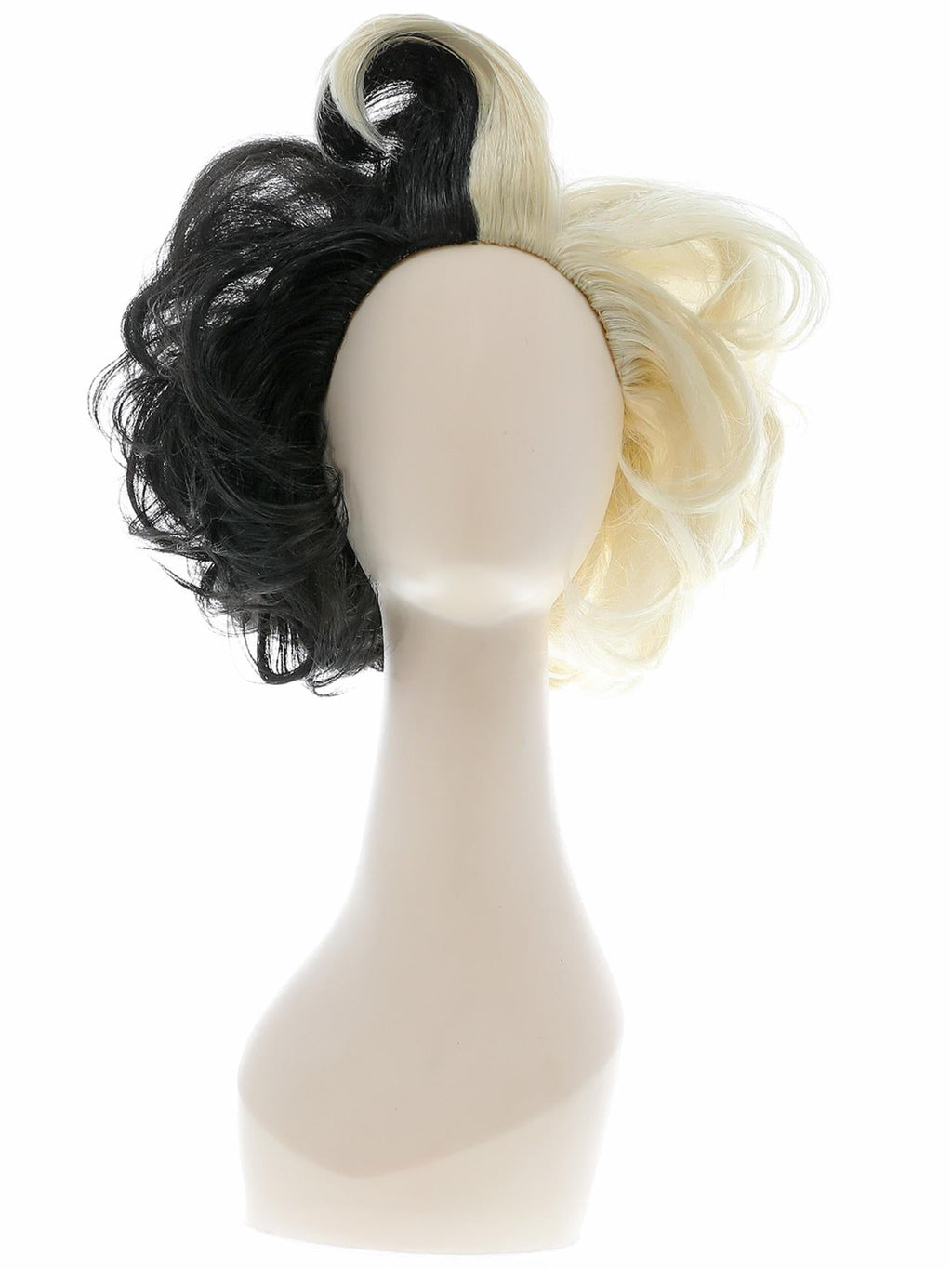 Black and white evil madame wig shown on its own