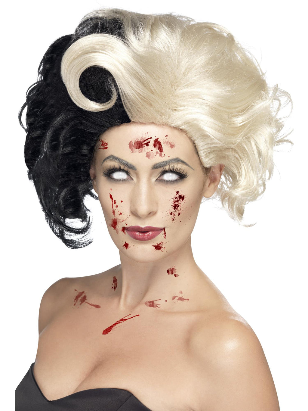 Woman wearing a black and white split-colour evil madame wig with a curled quiff