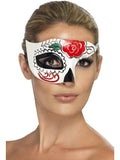 Woman wearing a Day of the Dead half eye mask with sugar skull design and a red rose