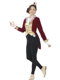 Woman wearing a vintage rabbit kit with red tailcoat jacket, collar, white gloves and mini top hat with ears