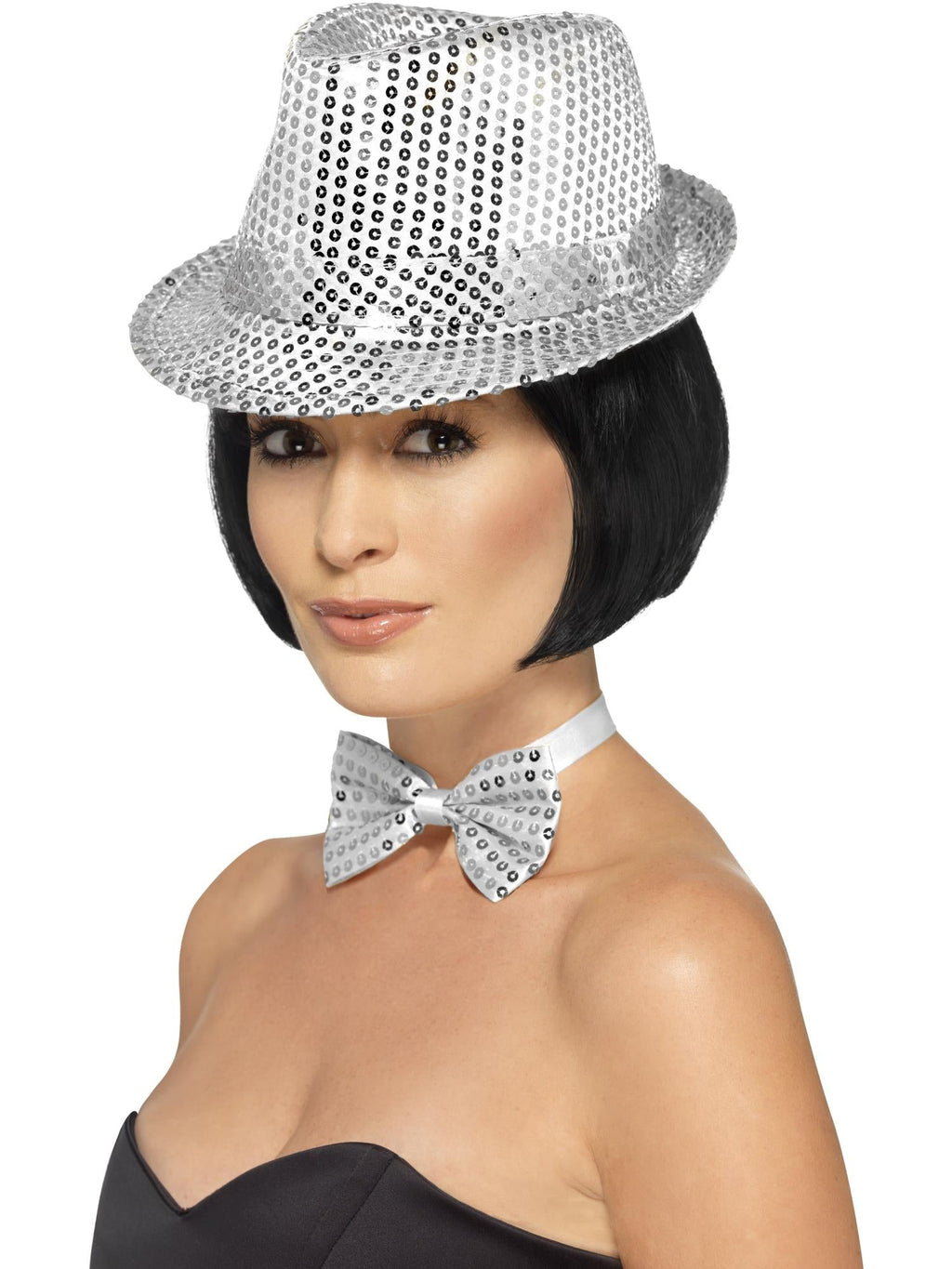 Woman wearing a silver sequin trilby hat