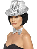 Woman wearing a silver sequin trilby hat