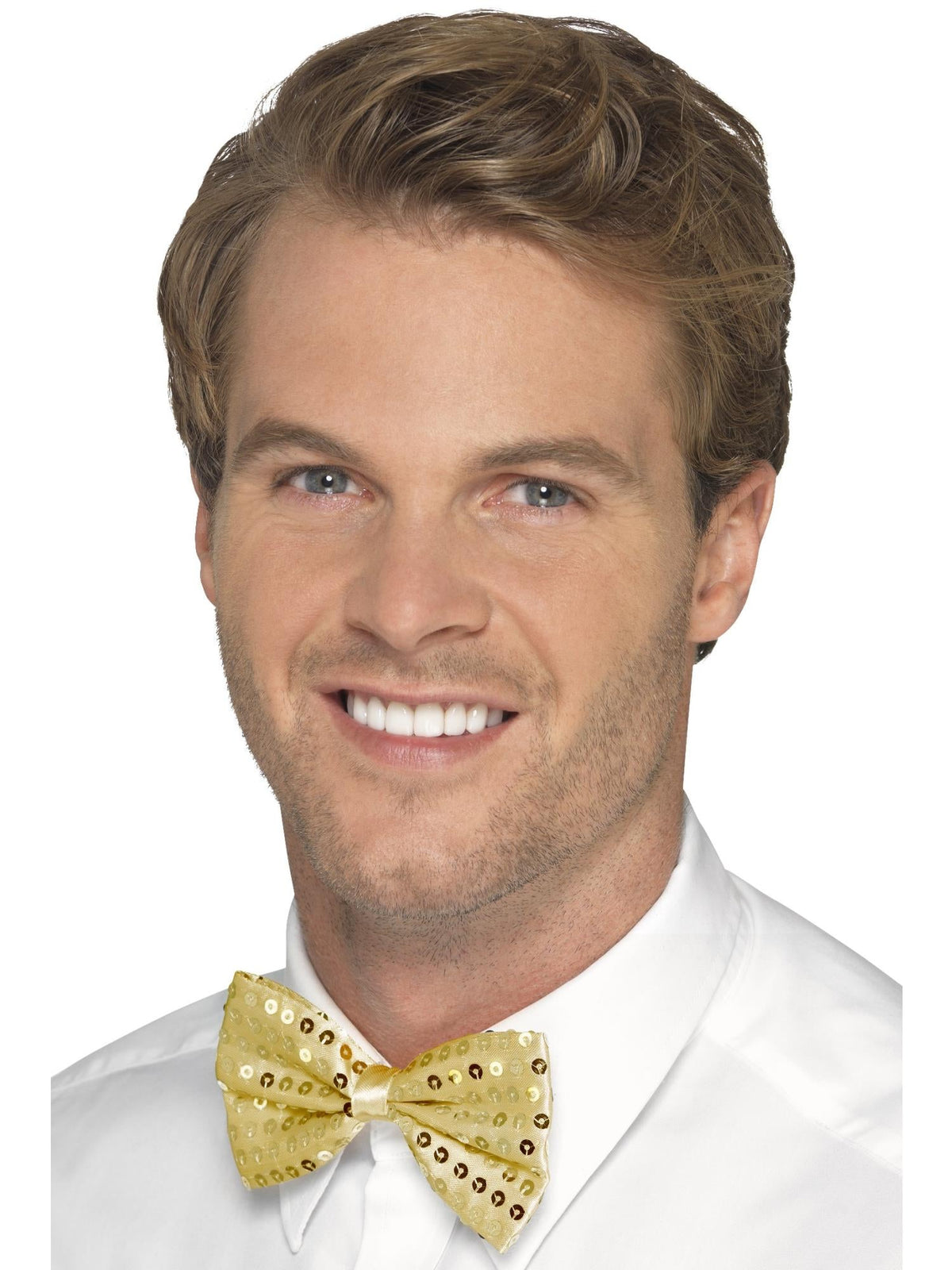 Man wearing a gold sequin bow tie