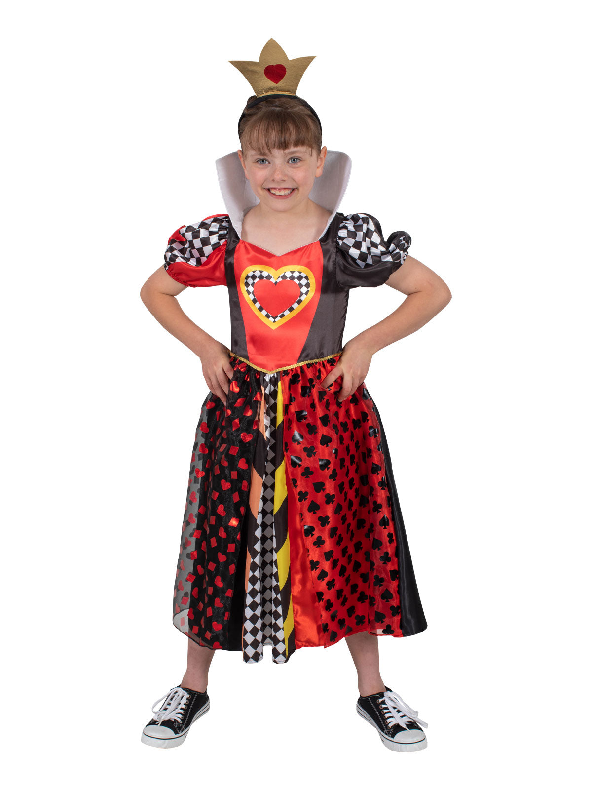 Front view of a girl in the Queen Of Hearts Deluxe Dress with standup collar and chequered heart bodice