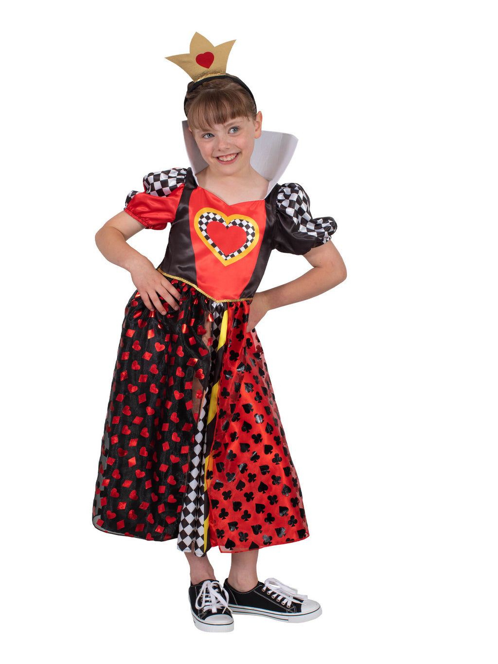 Girl posing in the Queen Of Hearts Deluxe Dress with puff sleeves and tulle card-suit overlay