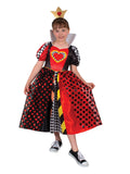 Girl in the Queen Of Hearts Deluxe Dress costume with red and black satin skirt, heart bodice and tiara