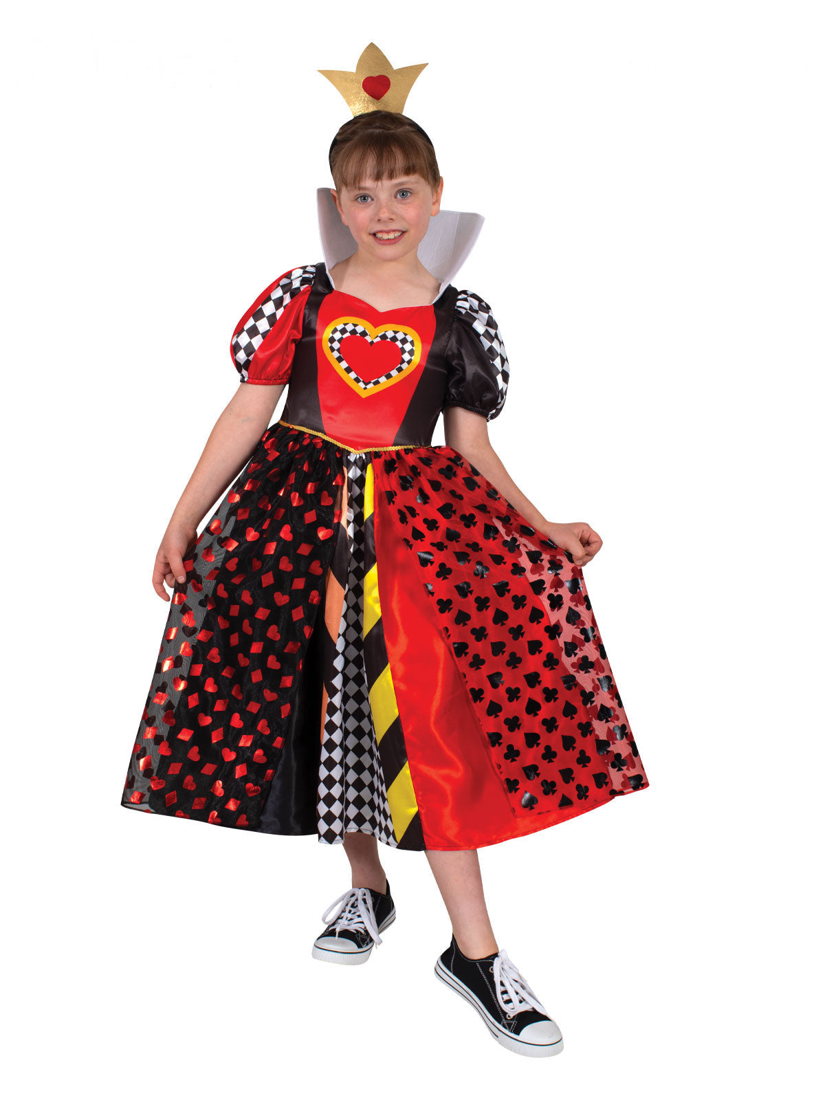 Girl in the Queen Of Hearts Deluxe Dress costume with red and black satin skirt, heart bodice and tiara