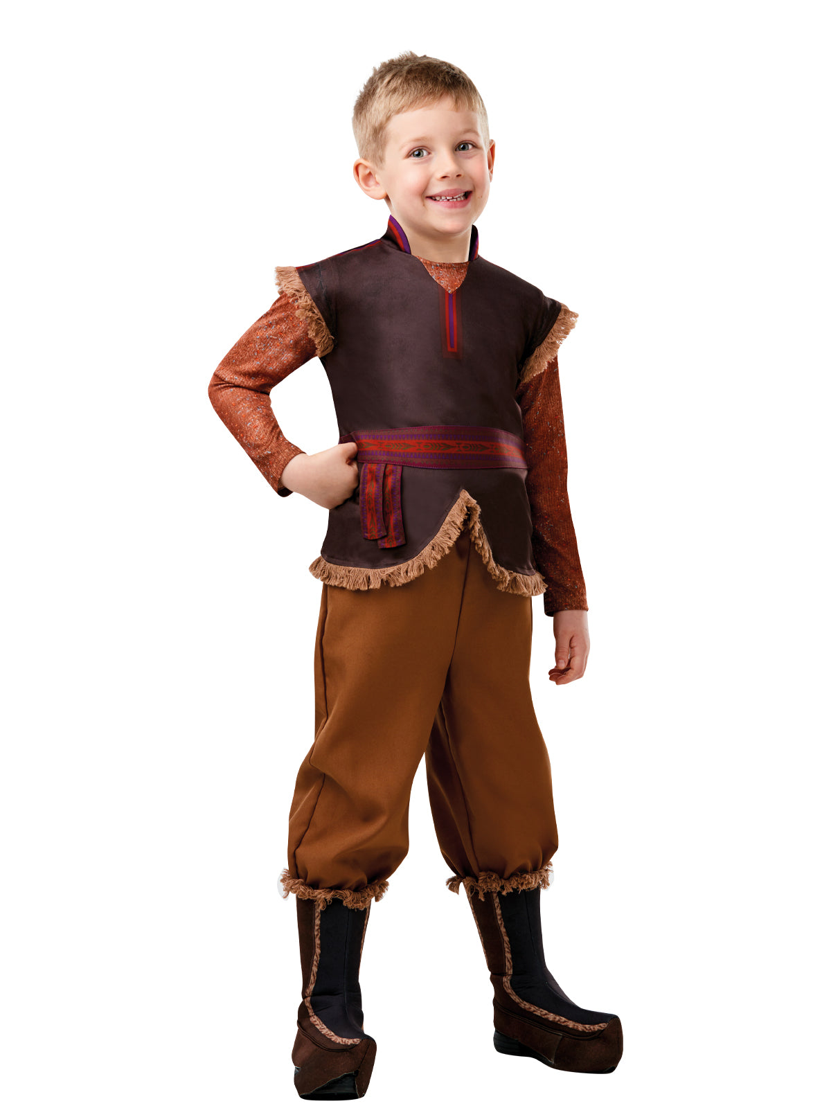 Boy in the Disney Frozen 2 Kristoff Deluxe costume with a fringed tunic, red sash, brown pants and boot covers