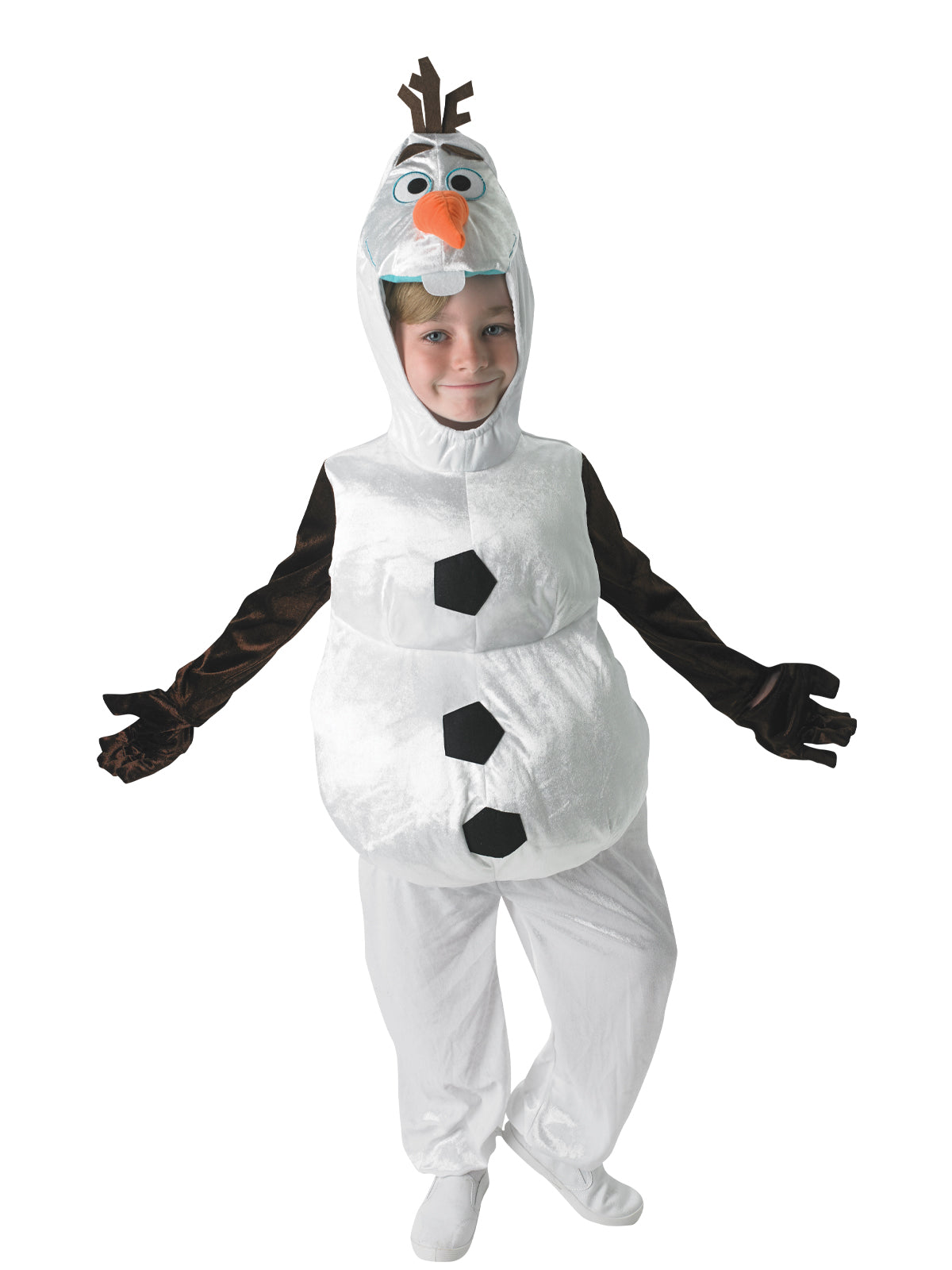 Boy in the Disney Frozen Olaf white velour snowman jumpsuit with padded middle, black buttons and snowman head