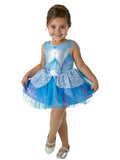 Girl in Cinderella ballerina dress with blue satin bodice, character print and layered tulle skirt