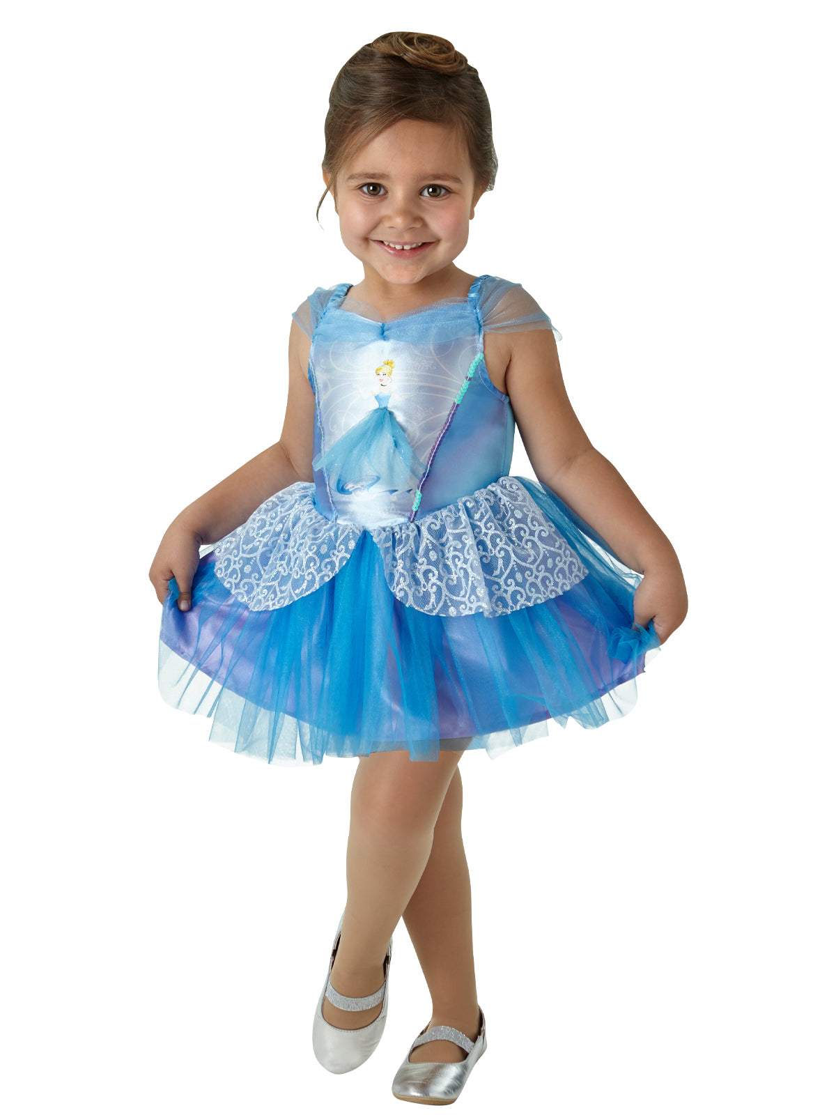 Girl in Cinderella ballerina dress with blue satin bodice, character print and layered tulle skirt