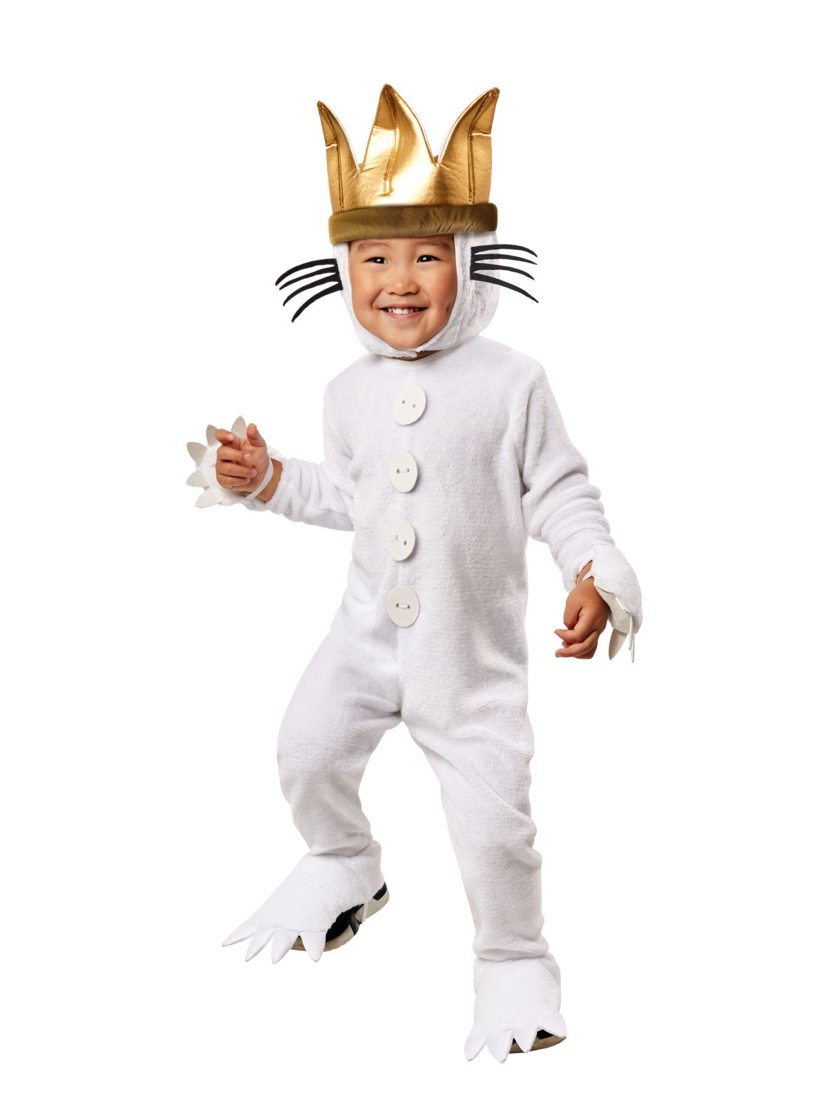 Child in a white Max wolf jumpsuit with buttons, padded claw paws and gold crown headpiece with whiskers