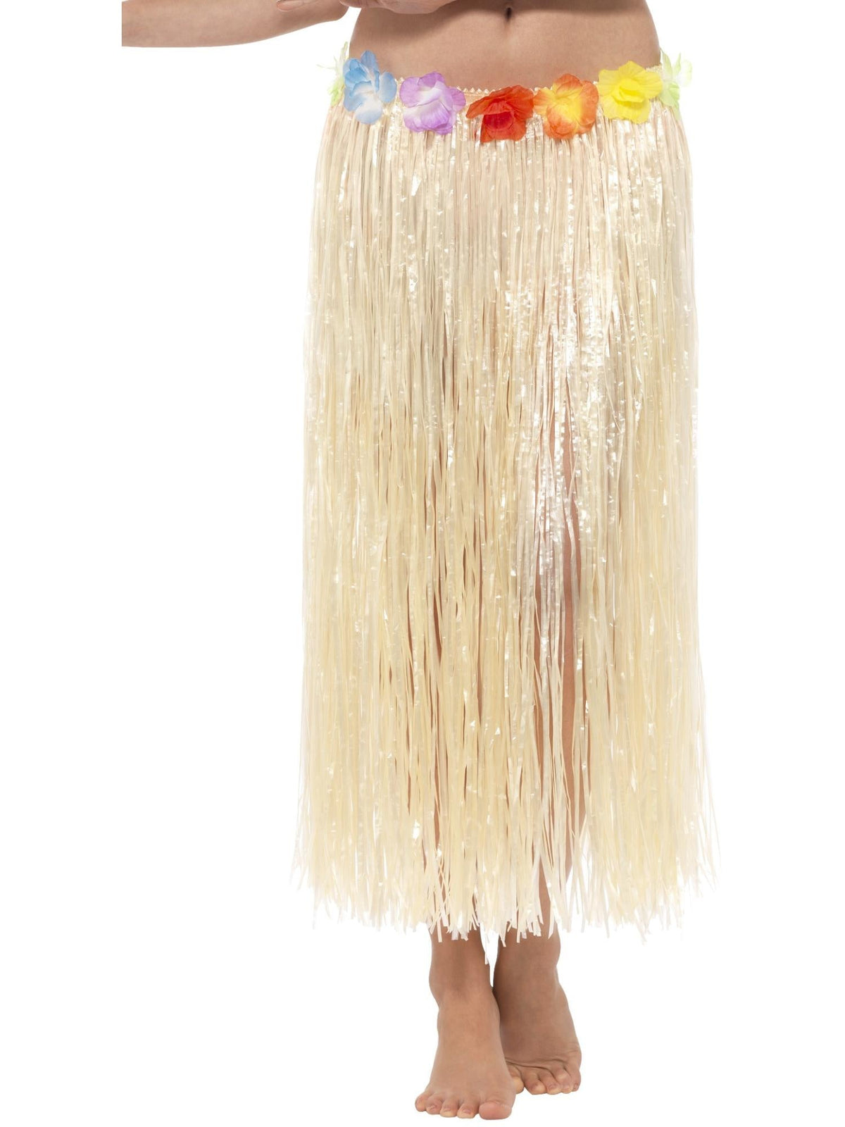 Natural straw hula skirt with a band of colourful flowers at the waist