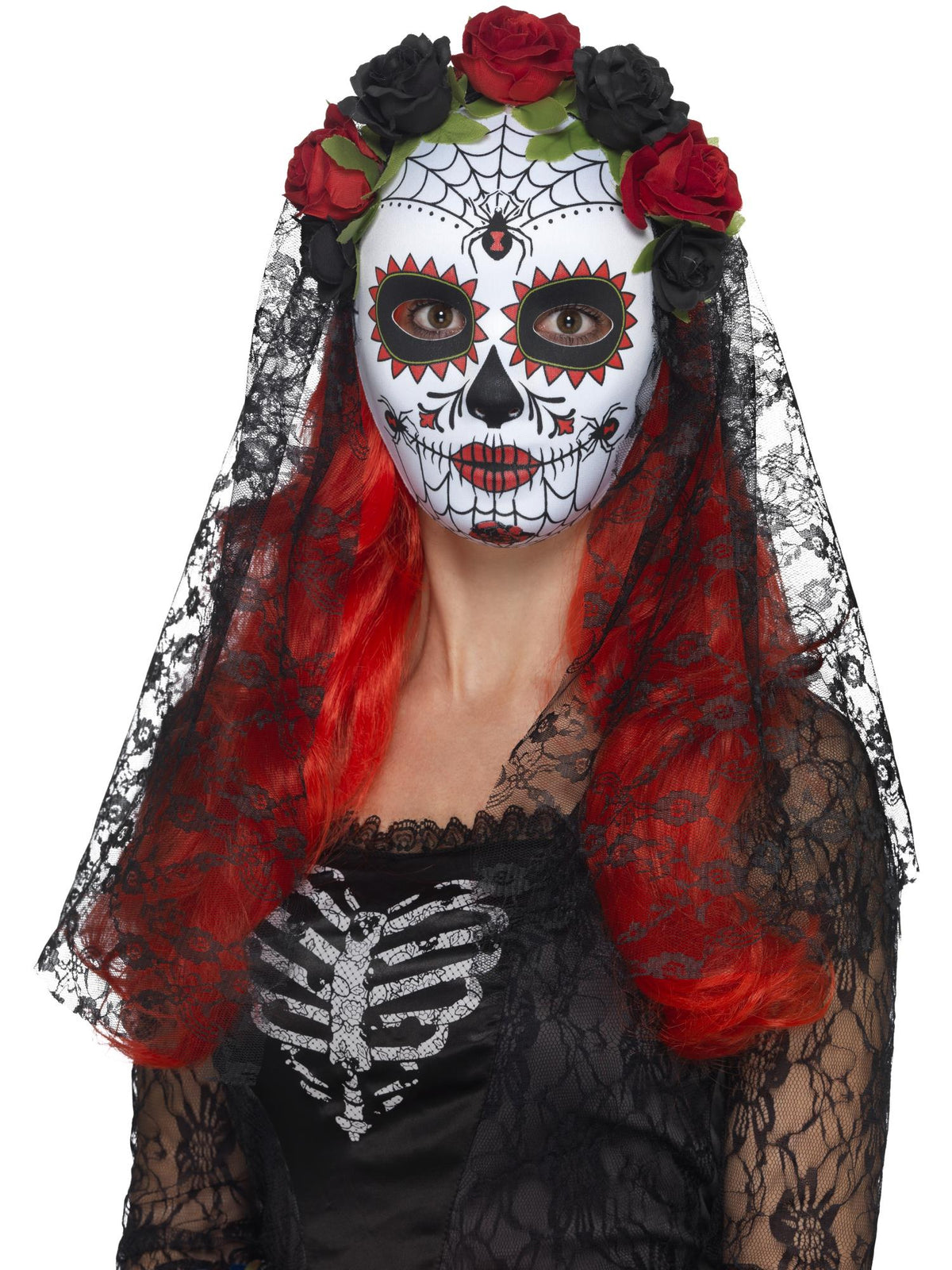 Woman wearing a Day of the Dead sugar skull mask with red and black roses and a black lace veil
