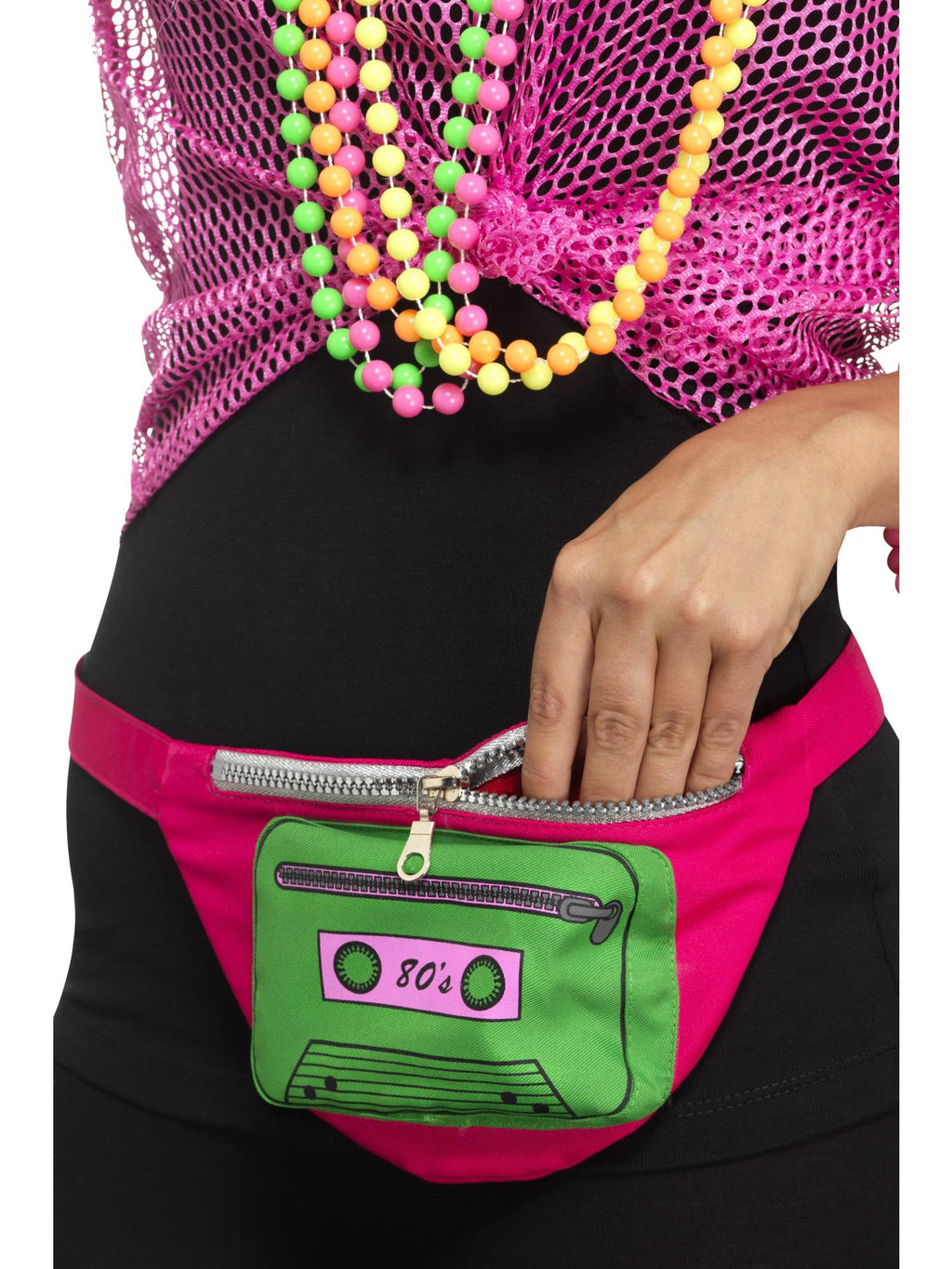 Neon pink and green 80s bumbag with a cassette tape print, worn at the waist