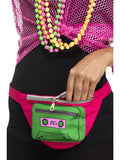 Neon pink and green 80s bumbag with a cassette tape print, worn at the waist
