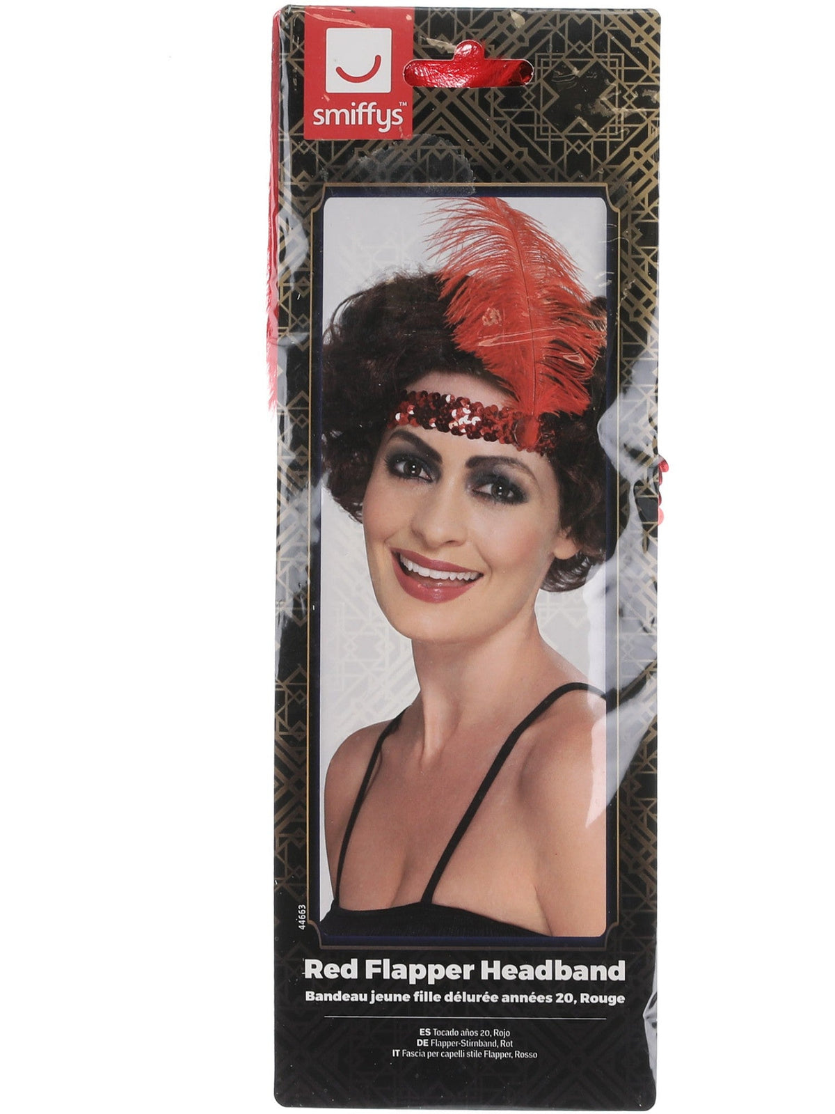 Red flapper headband in its retail packaging