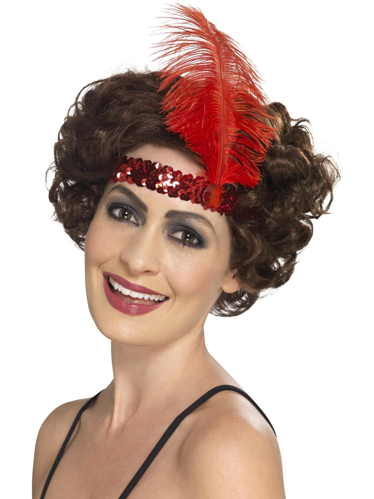 Woman wearing a red sequin flapper headband with a red feather