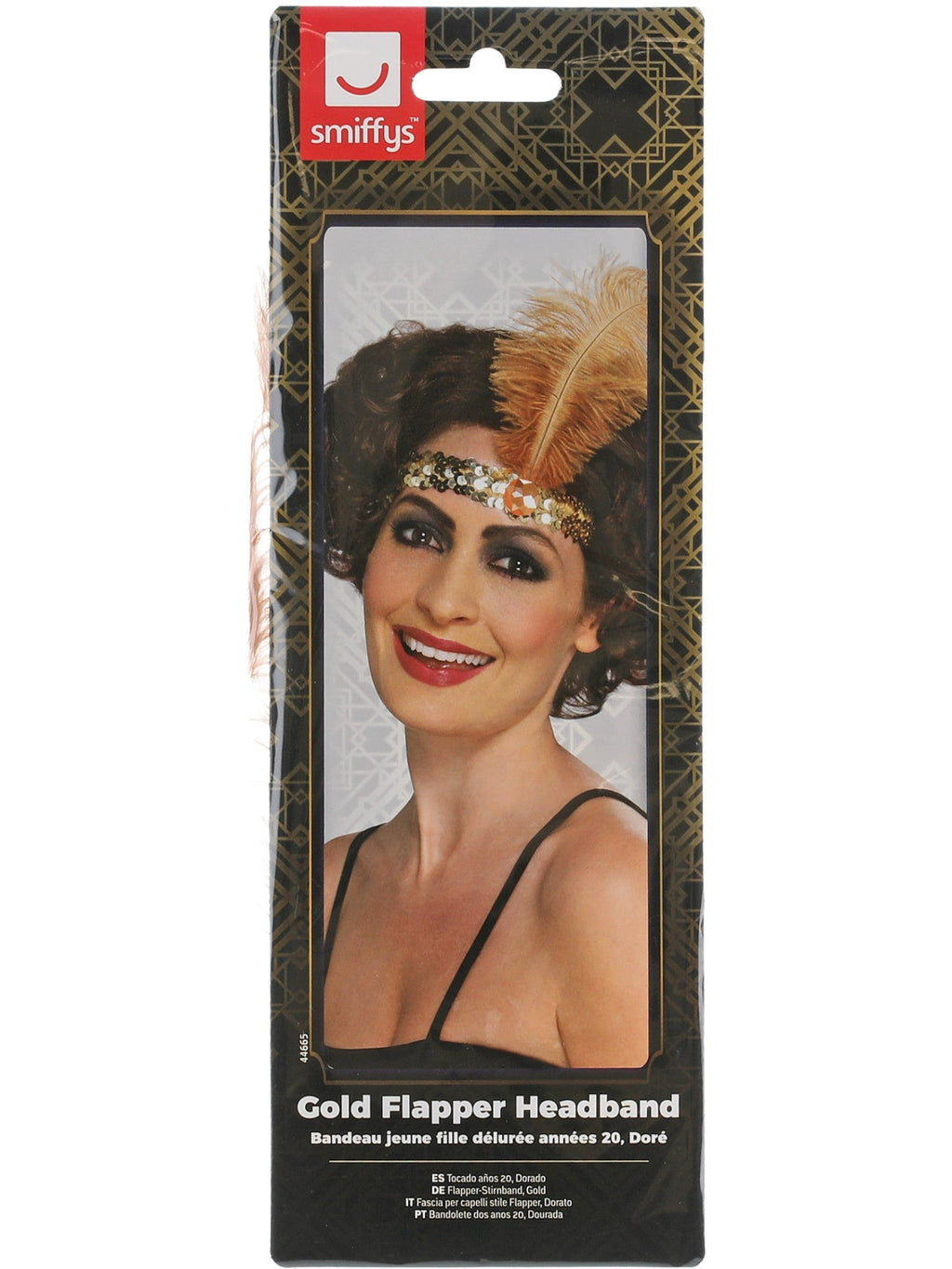 Gold flapper headband in its retail packaging