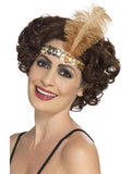 Woman wearing a gold sequin flapper headband with a gold feather