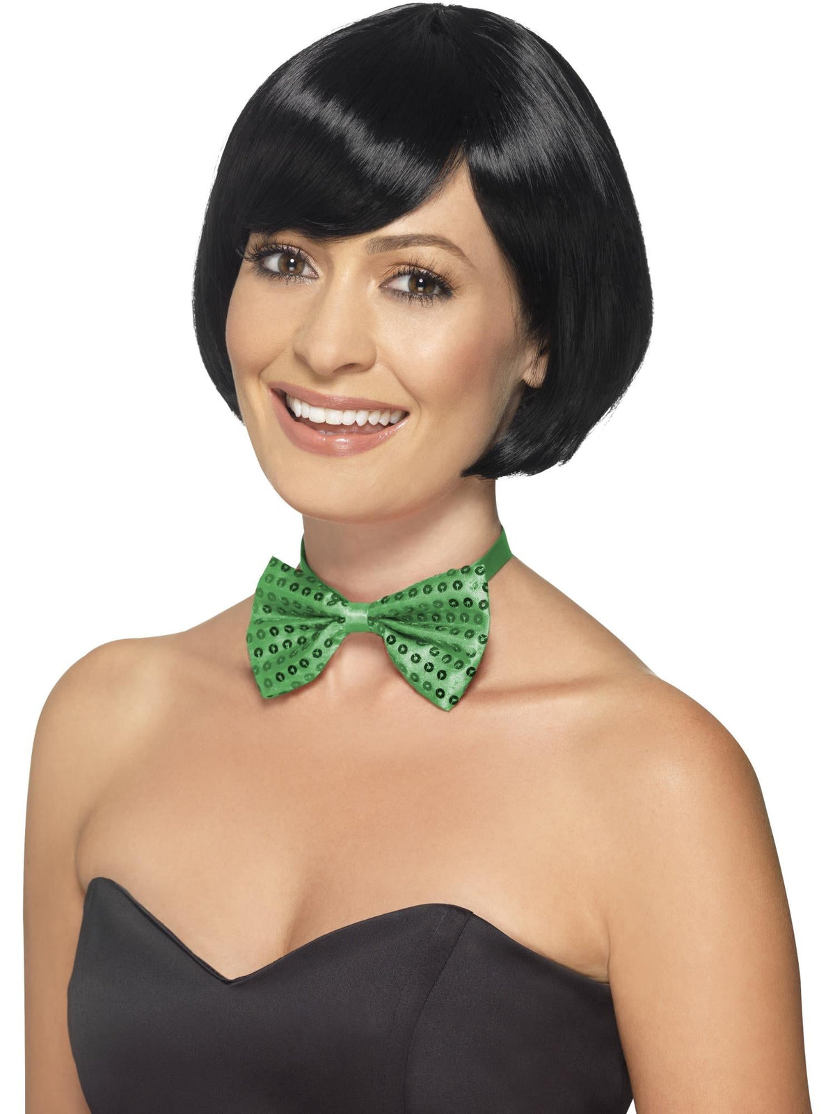 Woman wearing a green sequin bow tie