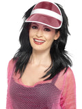 Woman wearing a transparent pink 80s sun visor with white trim