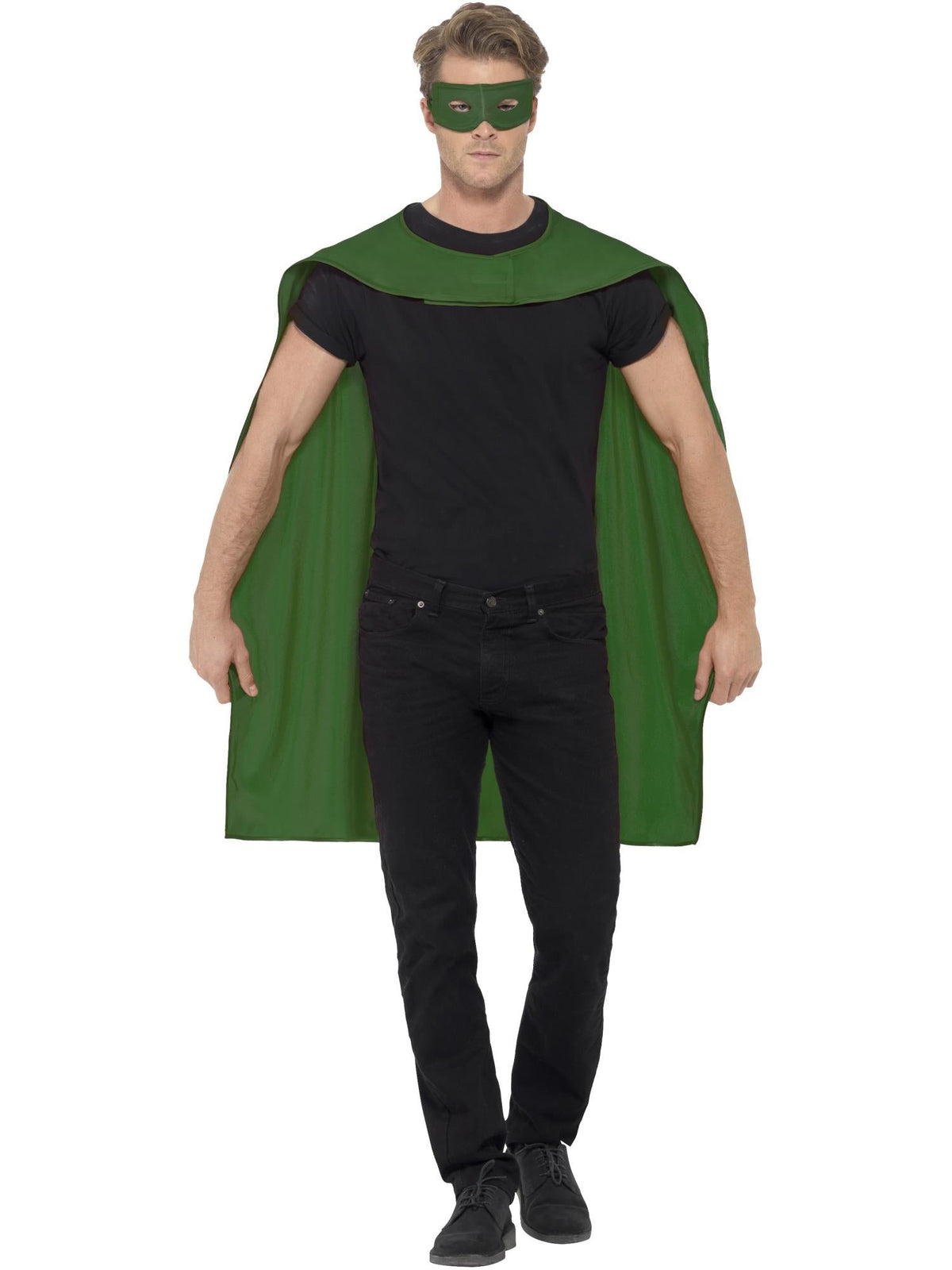 Man wearing a green superhero cape and matching green eyemask