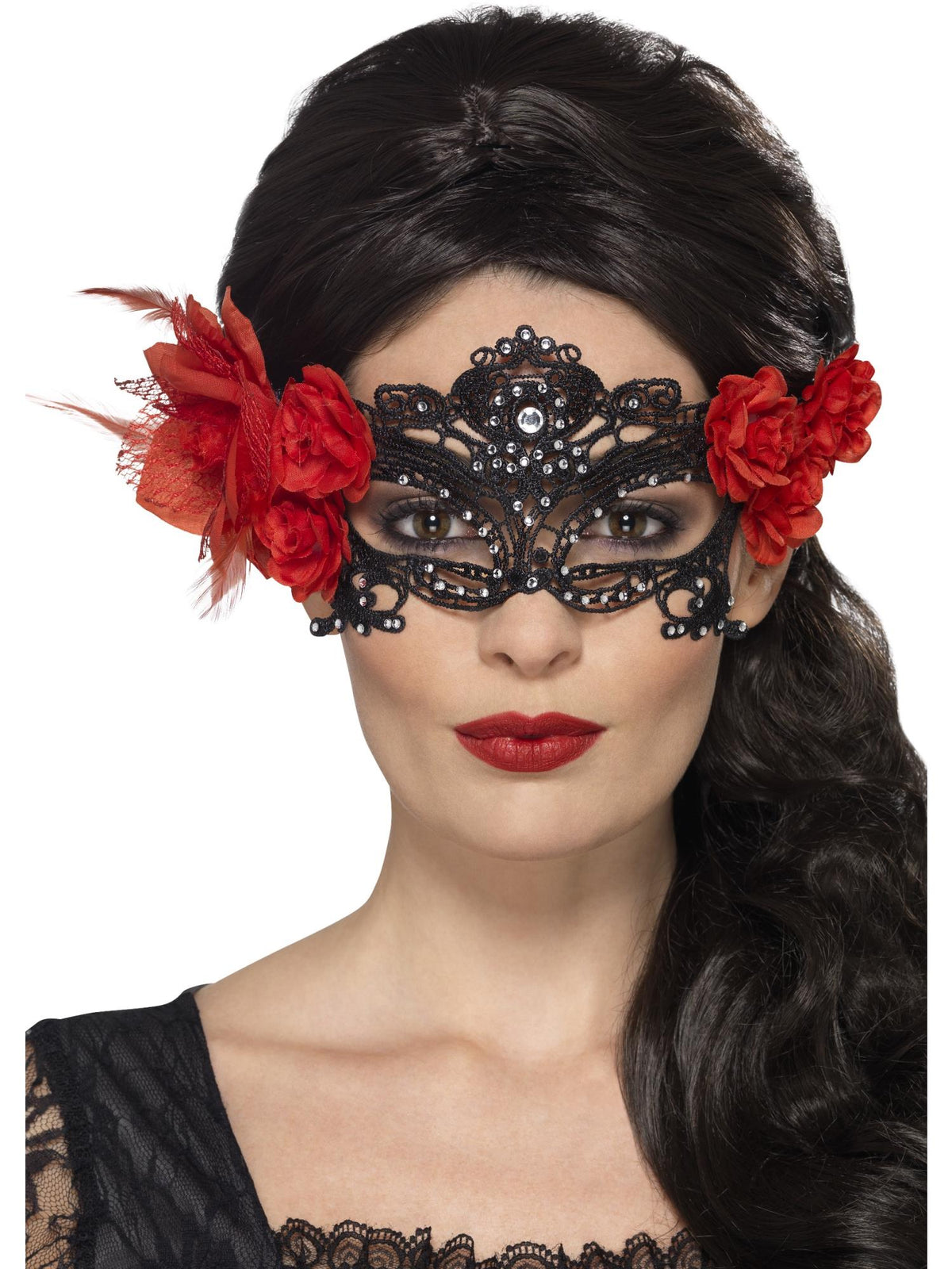 Woman wearing a black lace filigree Day of the Dead eyemask with red roses on each side