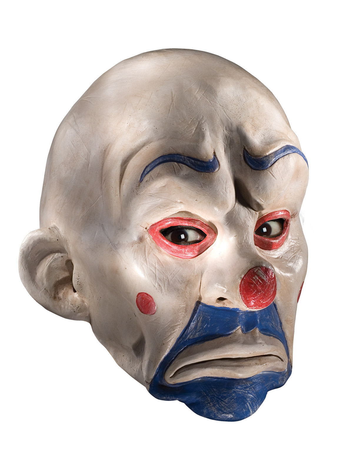 White Joker clown mask with red eyes and blue painted frown