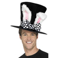 Man wearing a tall black top hat with fluffy white bunny ears and a black and white checked band