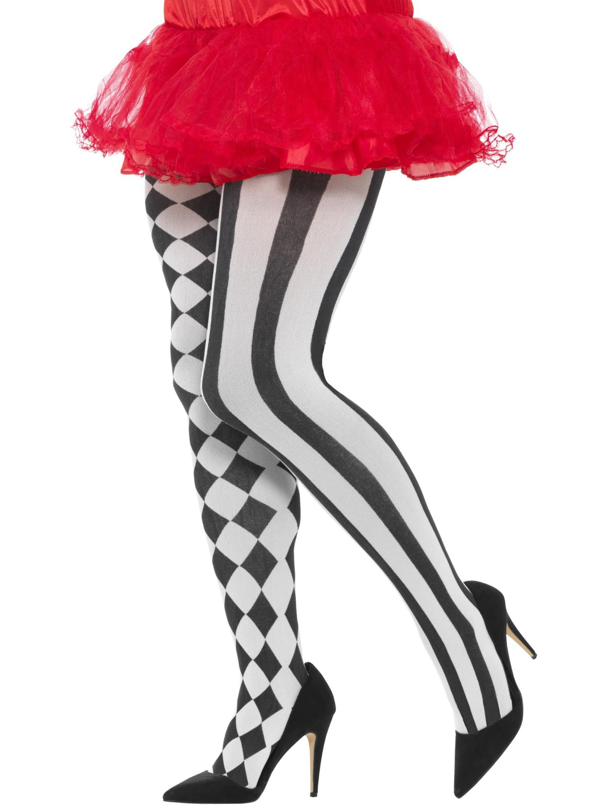 Legs wearing black and white harlequin tights, one leg diamond print and one leg striped