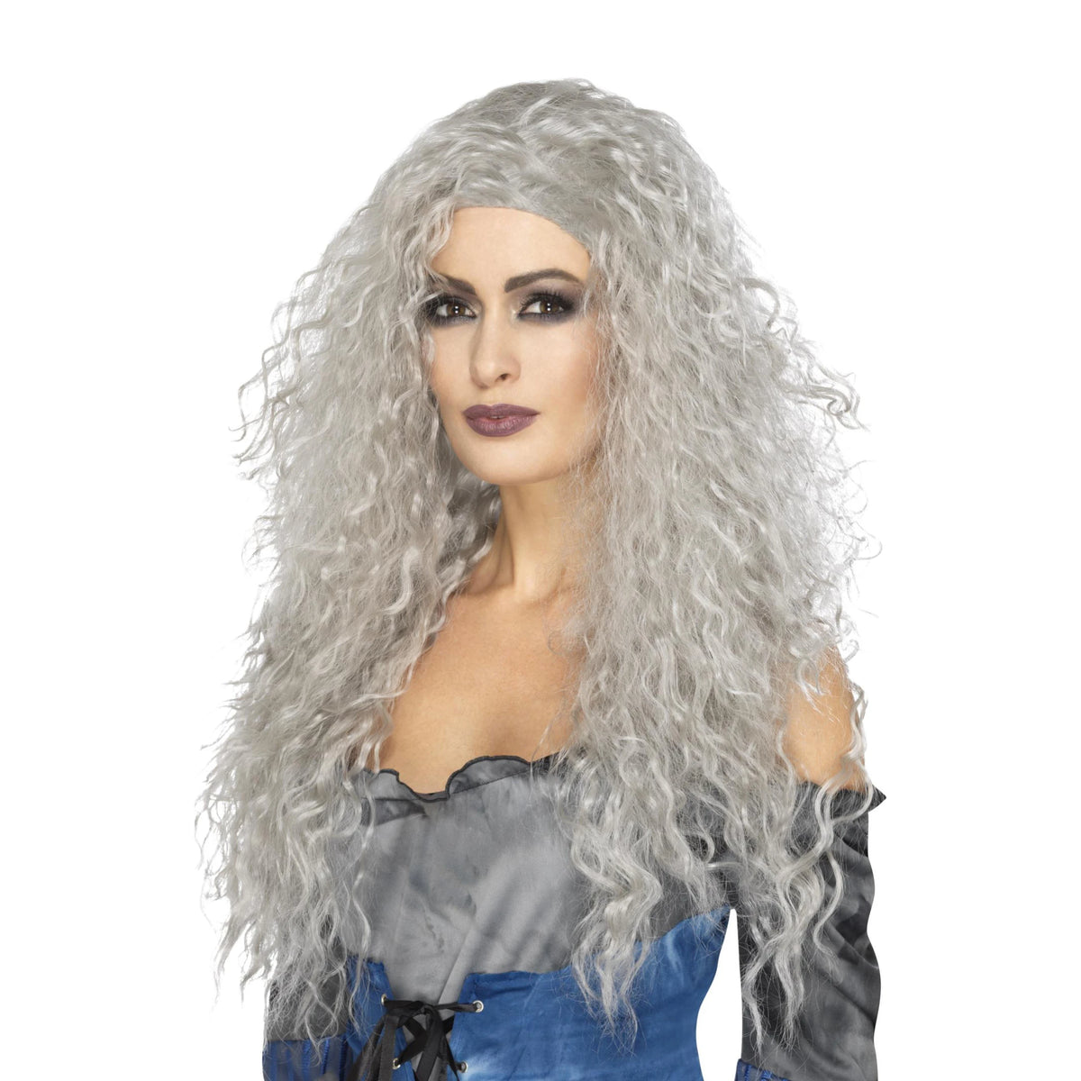 Woman wearing a long wild crimped grey banshee wig