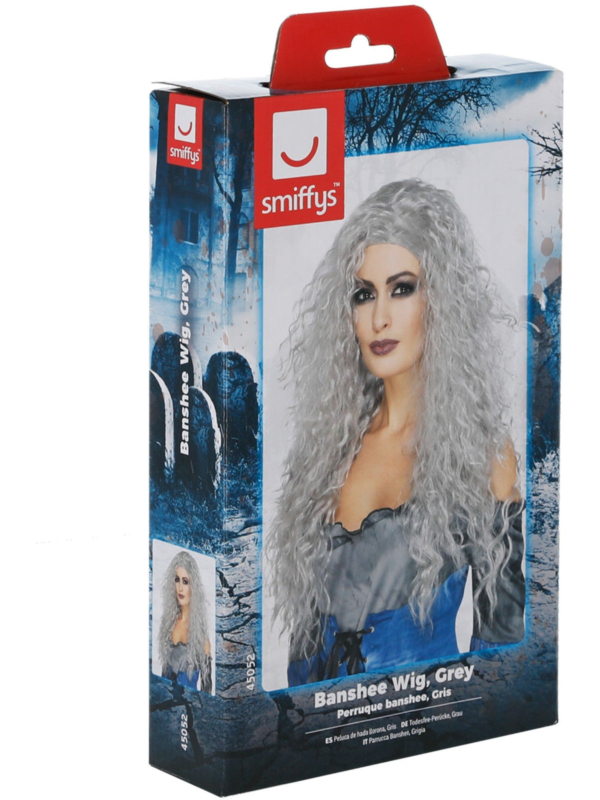 Grey banshee wig in its retail packaging