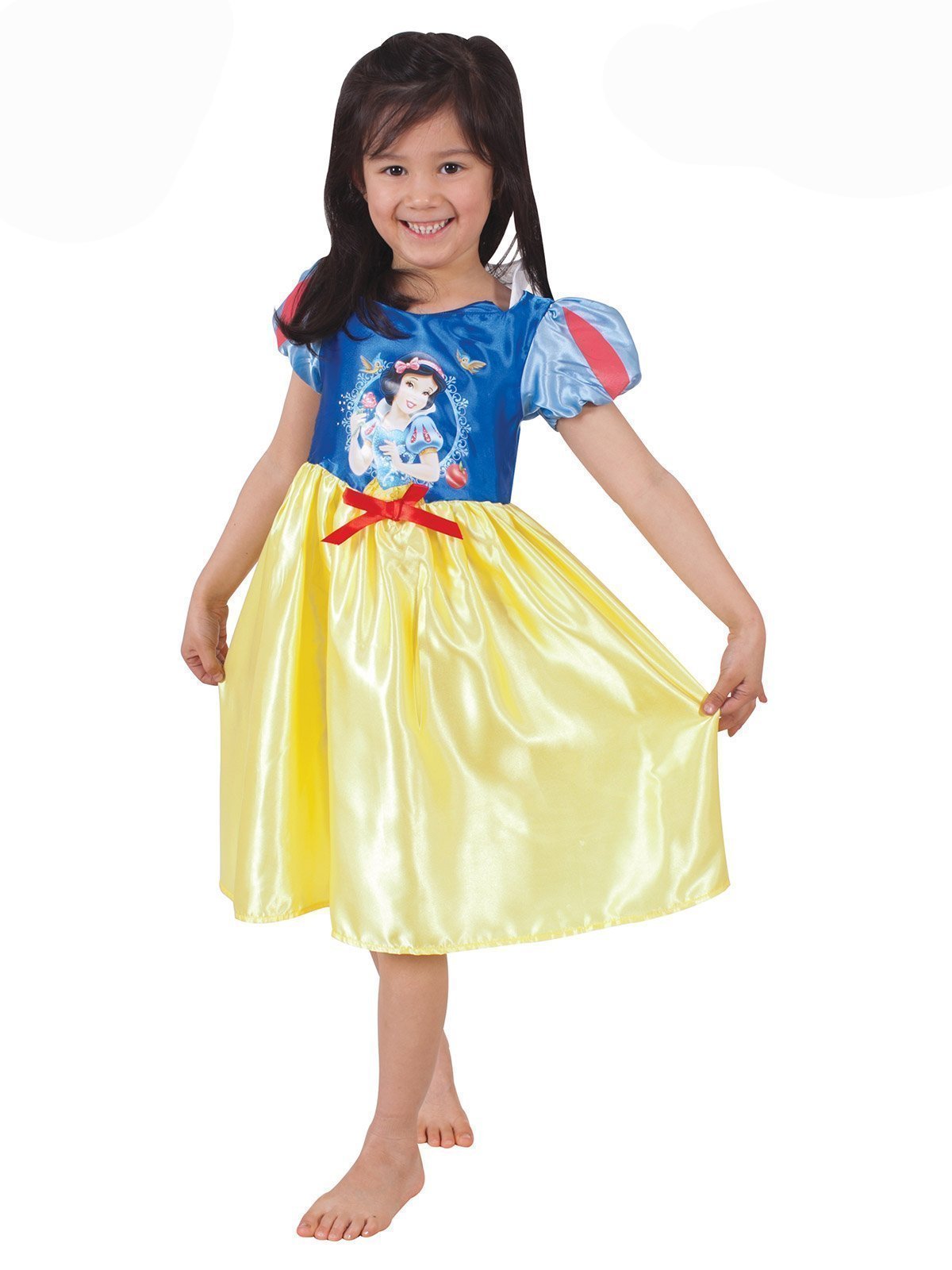 Girl wearing a Snow White fairytale satin dress with character print bodice, puff sleeves and yellow skirt