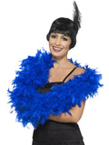 Woman wearing a deluxe royal blue feather boa draped around her shoulders