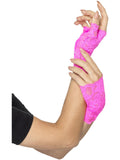 Arms wearing neon pink 80s fingerless lace gloves