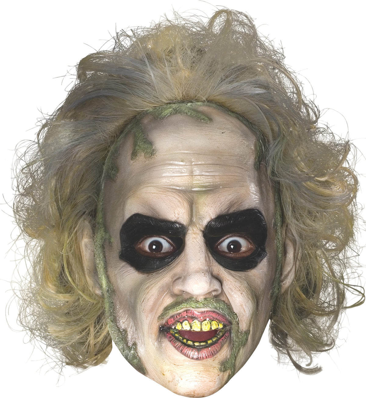 Beetlejuice 3/4 vinyl mask with dark eyes, yellow teeth and messy blonde-green hair