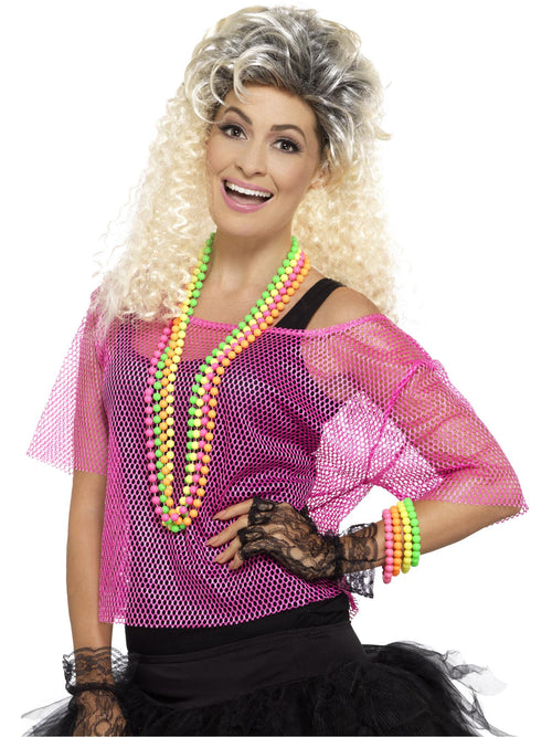 Neon pink 80s fishnet top