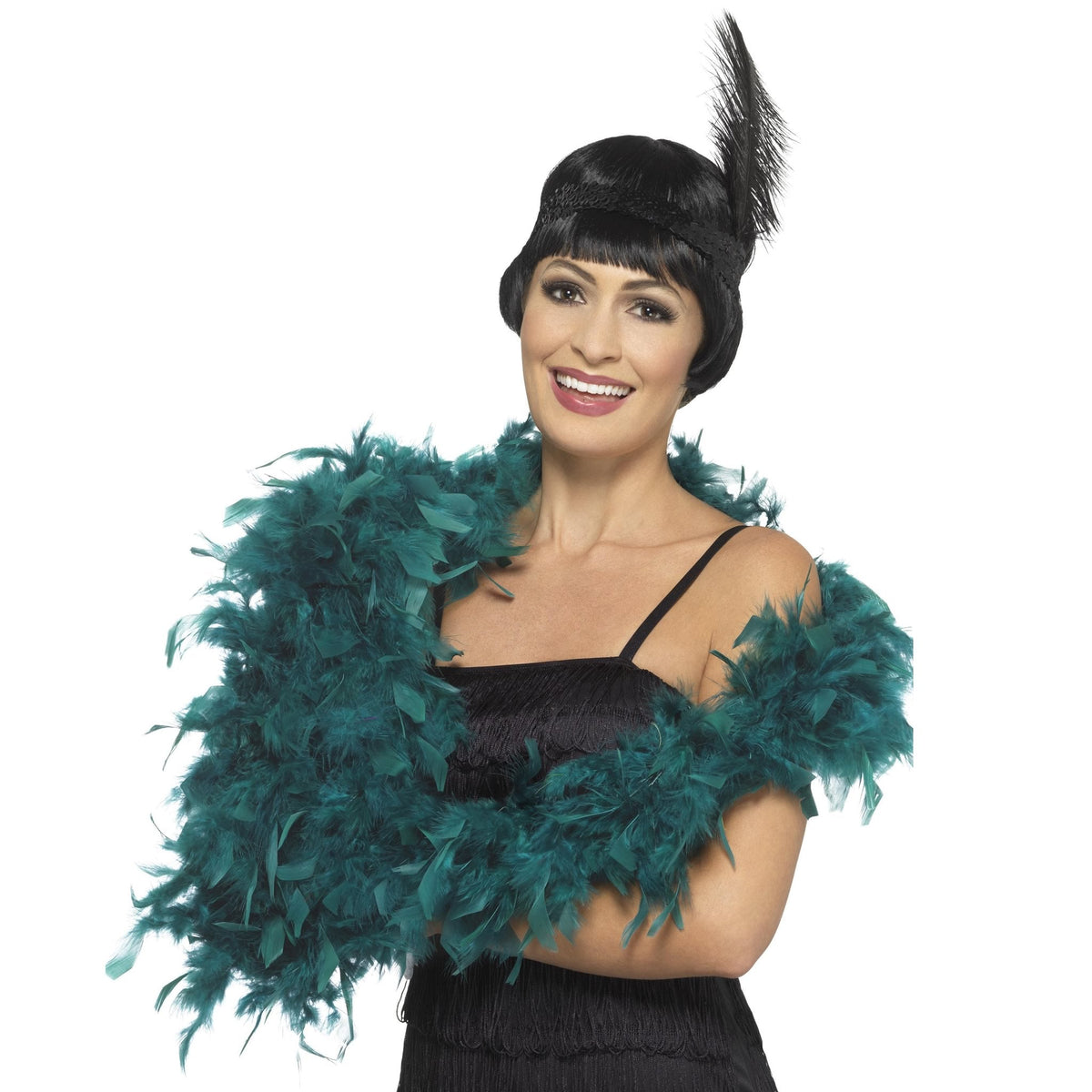 Woman wearing a deluxe teal feather boa draped around her shoulders