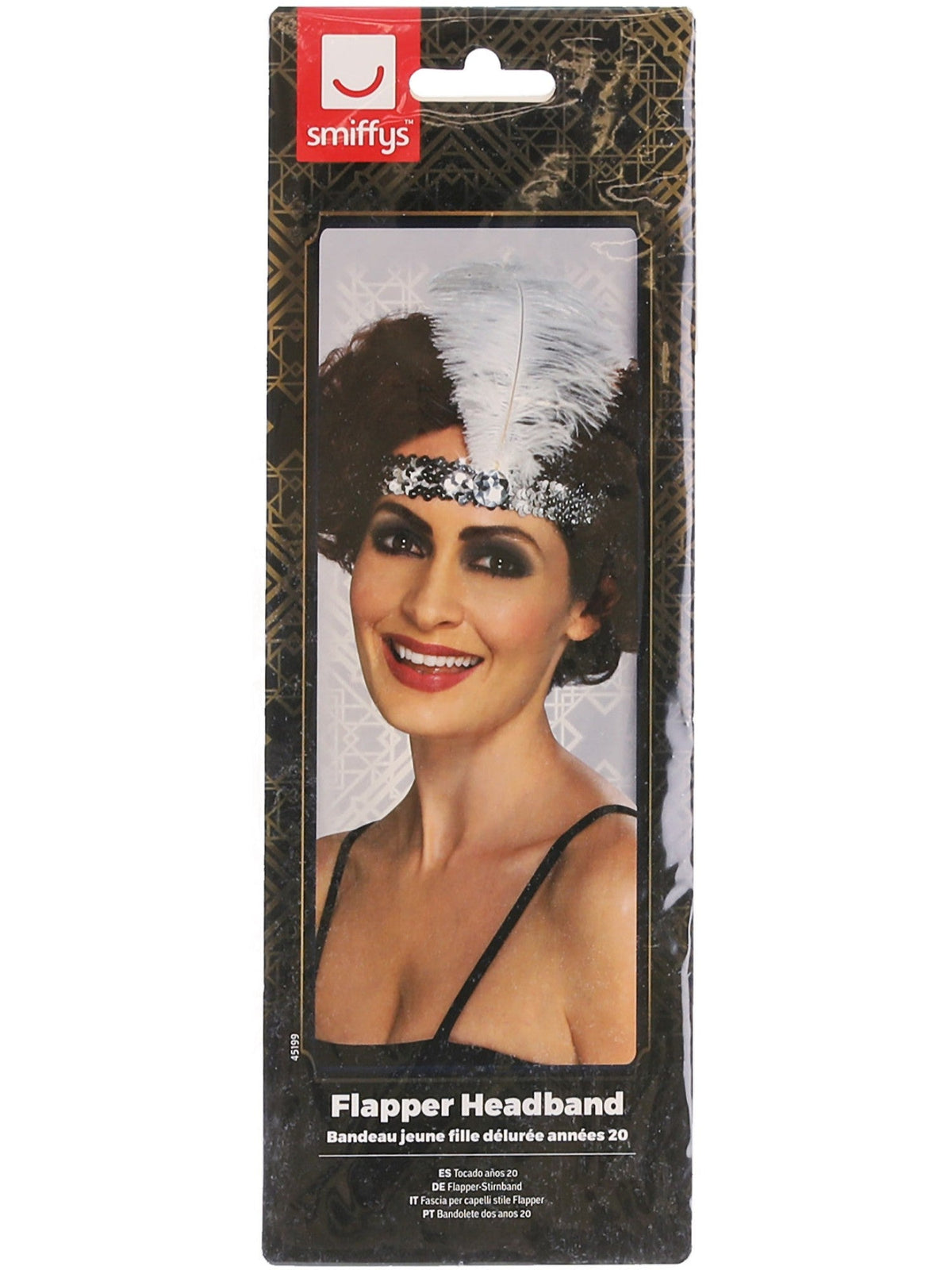 Silver flapper headband in its retail packaging