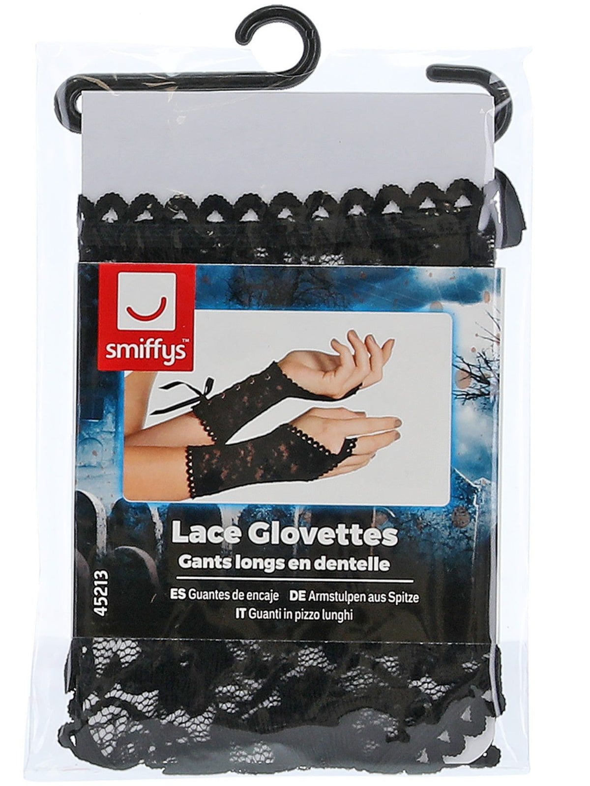 Black lace glovettes in their retail packaging