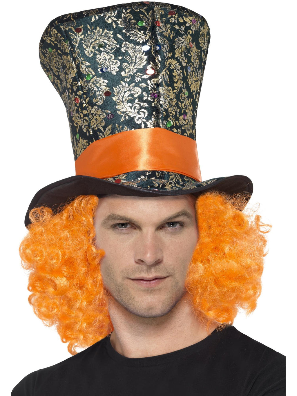 Man wearing a tall patterned top hat with orange band and attached curly orange hair