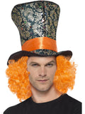 Man wearing a tall patterned top hat with orange band and attached curly orange hair