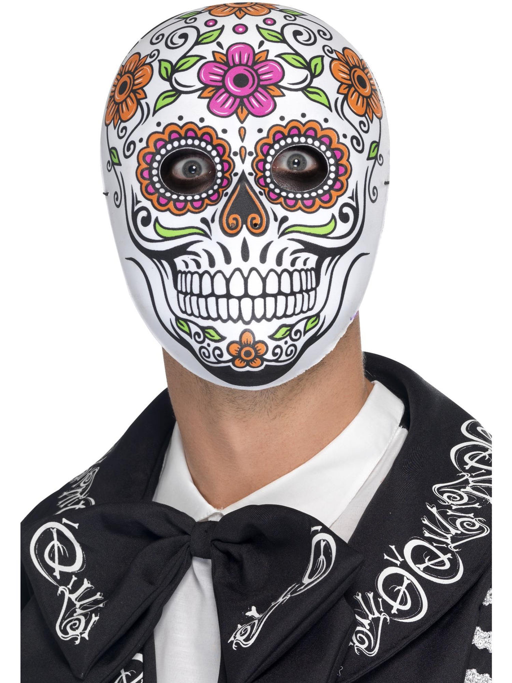 Man wearing a white Day of the Dead sugar skull mask with colourful flower details