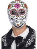 Man wearing a white Day of the Dead sugar skull mask with colourful flower details