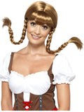 Woman wearing a light brown Bavarian wig with fringe and long upturned plaits