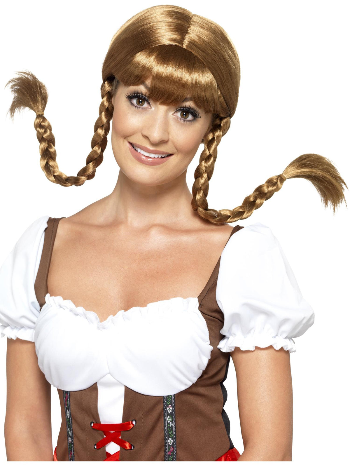 Woman wearing a light brown Bavarian wig with fringe and long upturned plaits